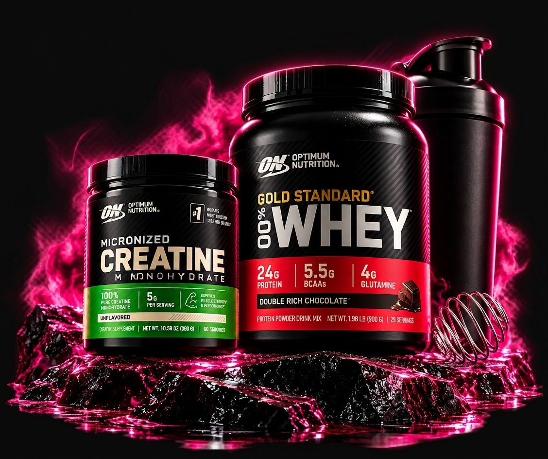 Pack de Fuerza (Opción Optimum Nutrition): Optimum Nutrition Creatina, ON Gold Standard 100% Whey, Shaker Synaptex Premium