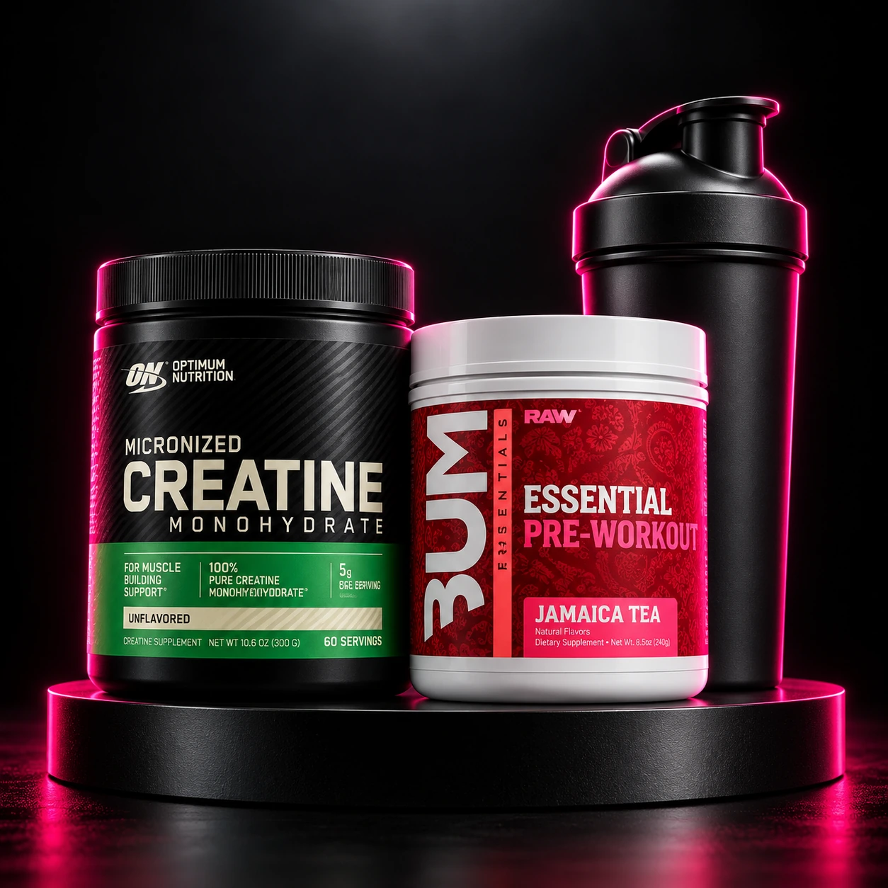 Pack Performance: Optimum Nutrition Creatina Micronizada en Polvo, RAW Nutrition CBUM Essential Pre-Workout, Synaptex Shaker Synaptex Premium 700 ml Negro Mate